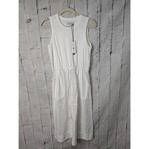Michael Stars Wilhelmina Rib‎ Mixed Midi Dress in White Linen Blend w Pockets sz